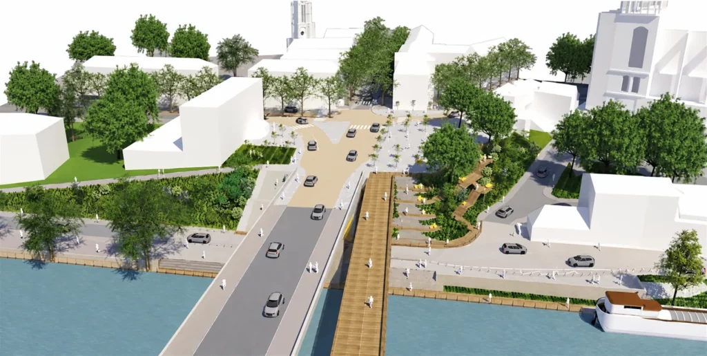 Vue aérienne de l’aménagement du belvédère fluvial sur les quais de Seine à Mantes-la-Jolie