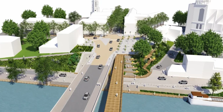 Vue aérienne de l’aménagement du belvédère fluvial sur les quais de Seine à Mantes-la-Jolie