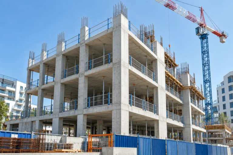 Bureau d’étude structure Ingébime : ossature béton d’un immeuble en construction avec grue
