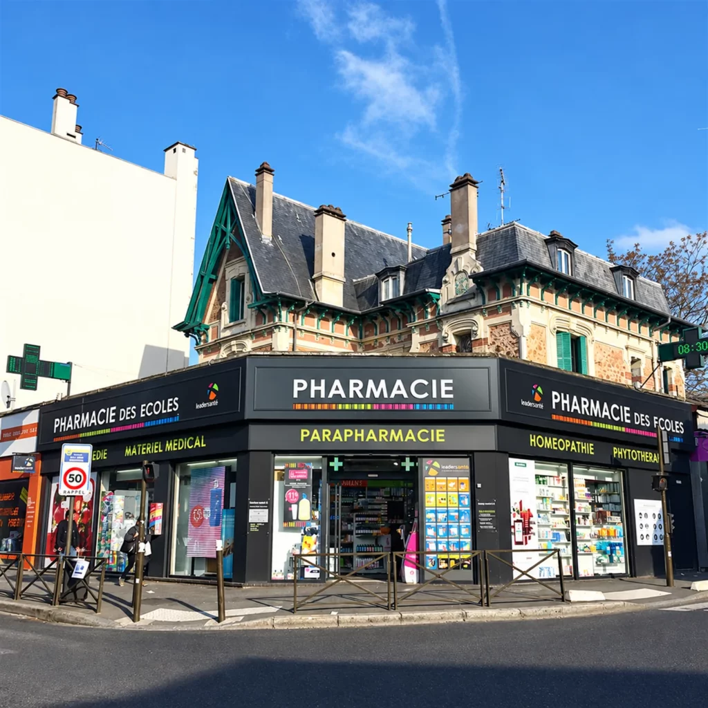 Pharmacie des Écoles à Villejuif, façade d’angle après travaux
