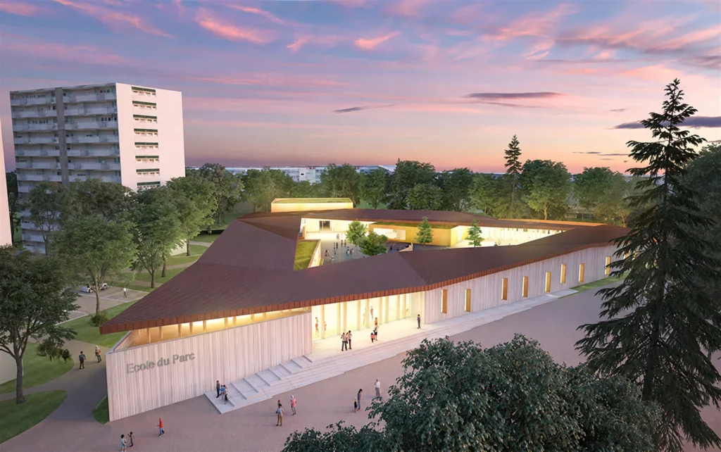 Nouvelle école Marc Bloch et Marie Curie à Gonesse, perspective au crépuscule