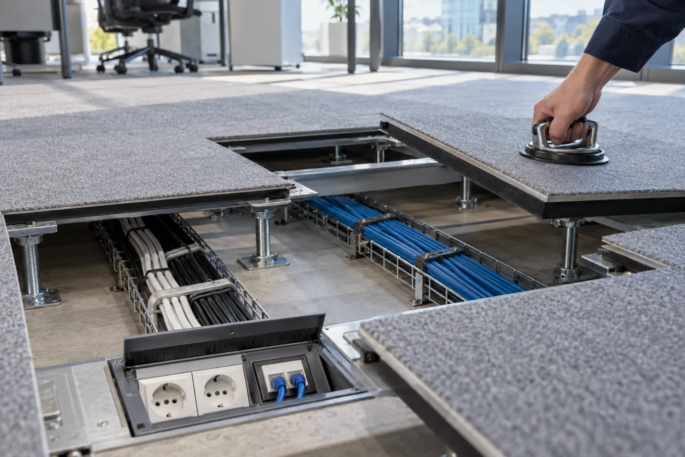 Faux plancher technique ouvert avec câblage électrique et réseau informatique dans des bureaux