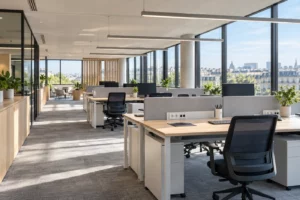 Plateau de bureaux moderne avec éclairage LED et installation électrique conçue par un bureau d'études