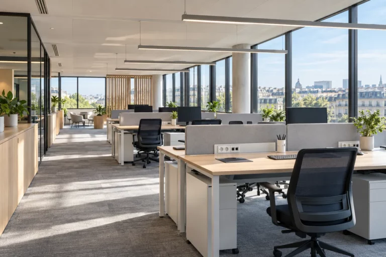Plateau de bureaux moderne avec éclairage LED et installation électrique conçue par un bureau d'études