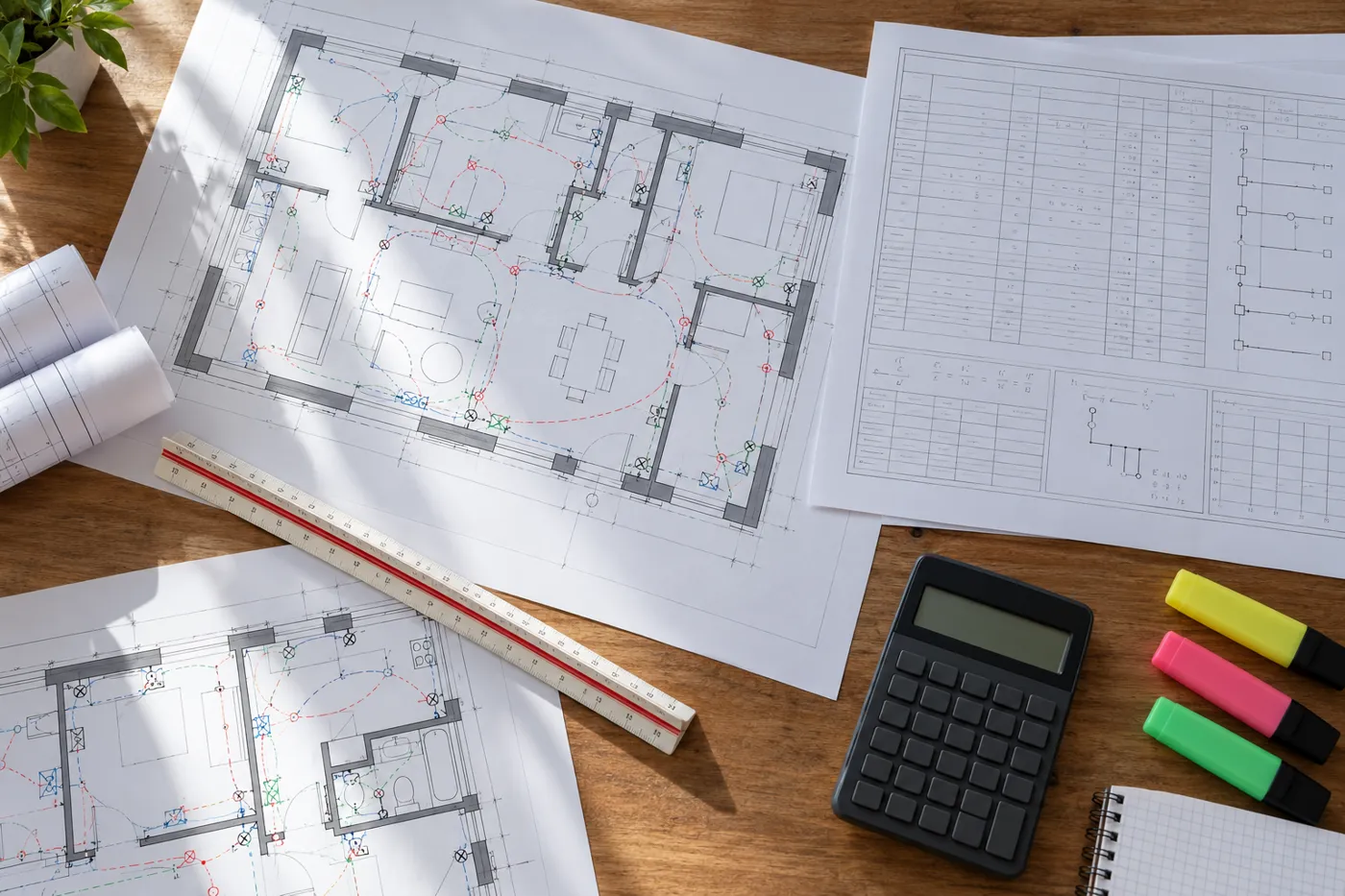 Plans électriques et note de calcul posés sur un bureau d'études électricité