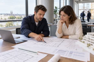 Ingénieur électricité et maître d'ouvrage étudiant le devis d'une étude électrique sur des plans