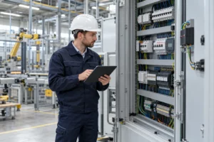 Ingénieur d'un bureau d'études électricité industrielle contrôlant une armoire électrique en usine