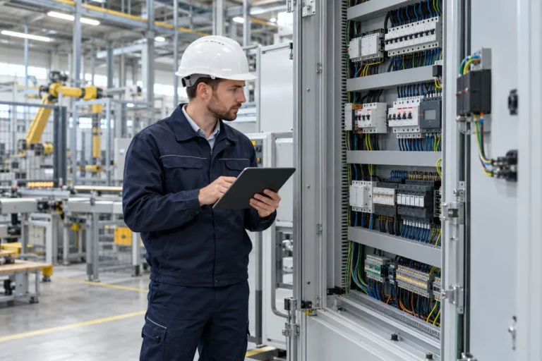 Ingénieur d'un bureau d'études électricité industrielle contrôlant une armoire électrique en usine