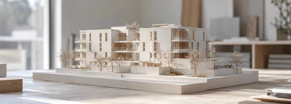 Maquette d'architecture blanche sur une table de bureau d'études