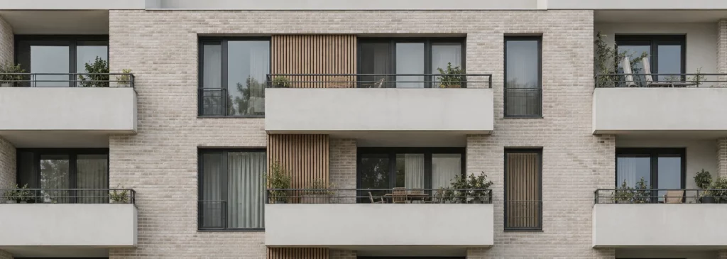 Façade contemporaine de logements en brique claire et béton blanc