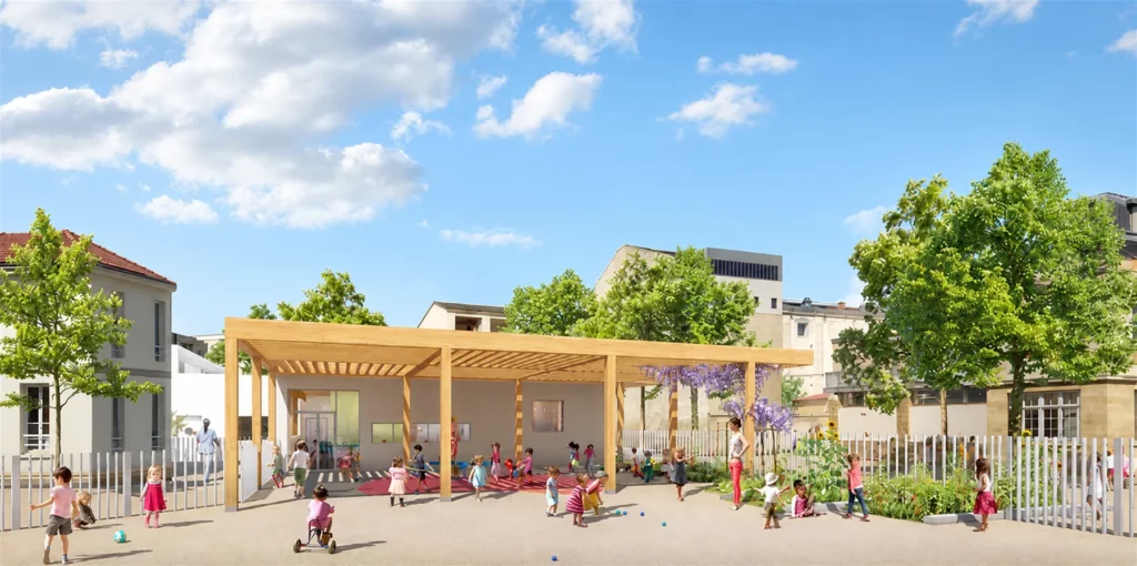Office de restauration scolaire Jules Vallès à Saint-Denis, perspective avec pergola